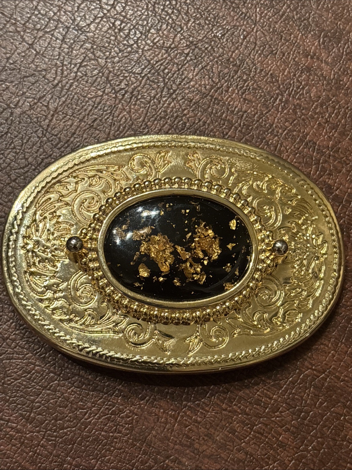 Western Style Gold Tone Belt Buckle With Gold Flecks in Black Resin