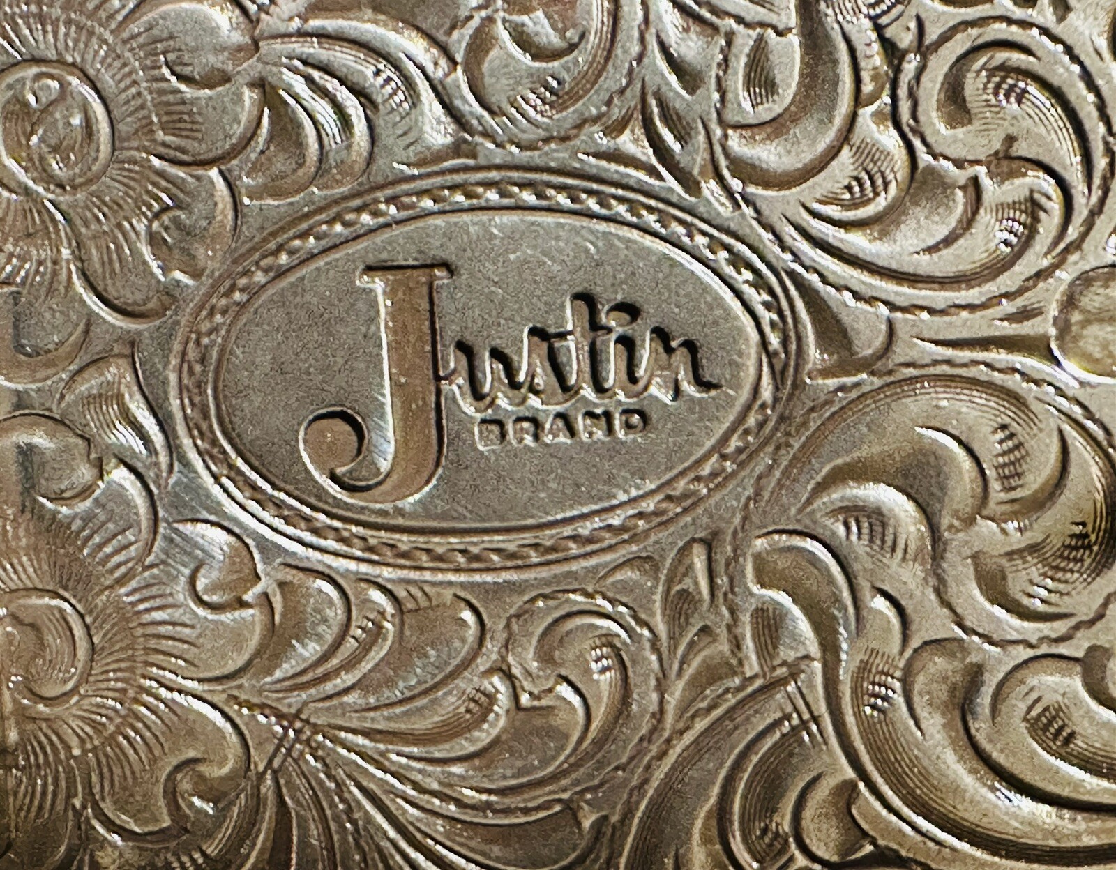 JUSTIN Boots Promo Silver Belt Buckle Western Scroll Work Cowboy Rodeo Oval