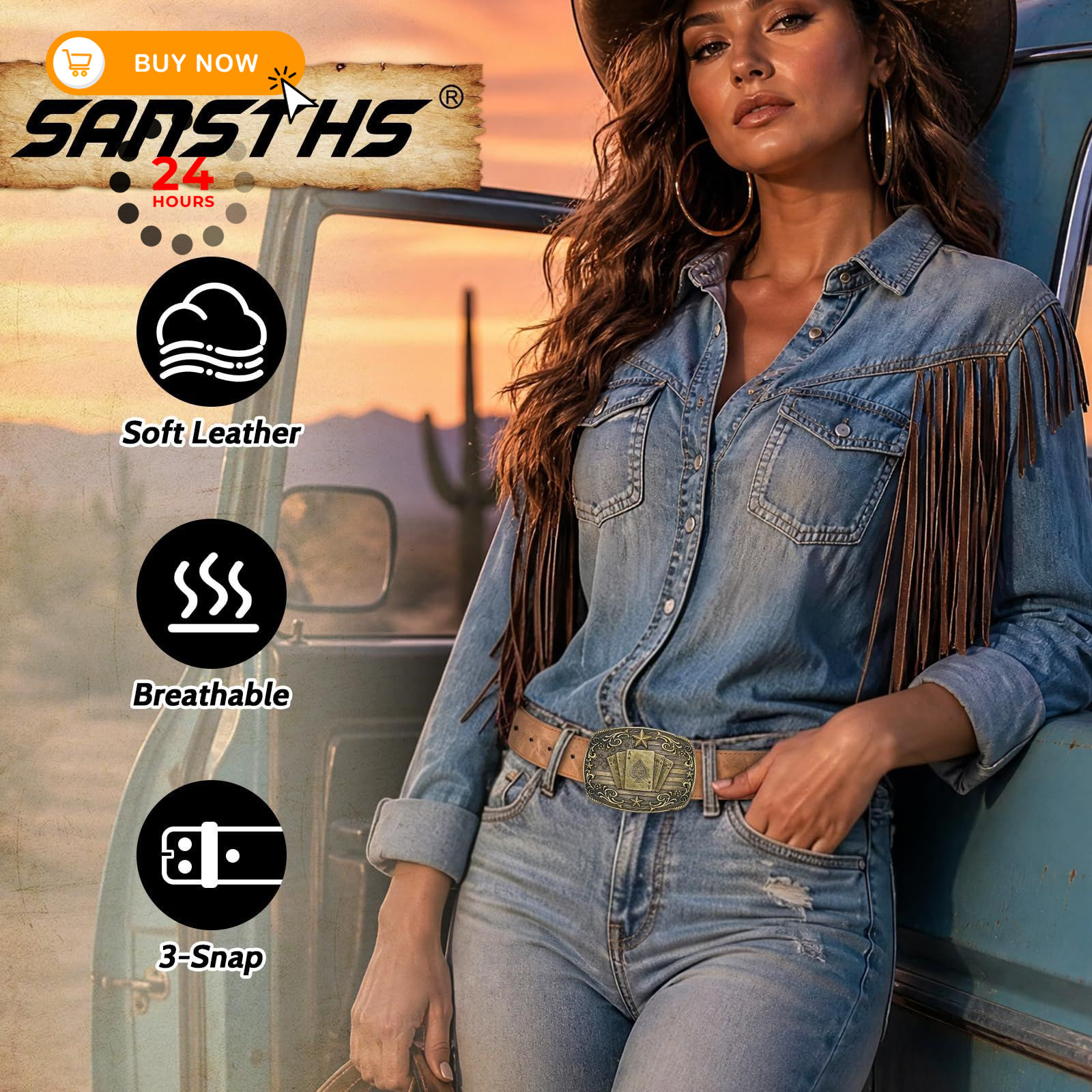 SANSTHS Cowboy Belts for Men Women – 30&Prime;-34&Prime; Waist Adjustable, Pu Brown/Poker