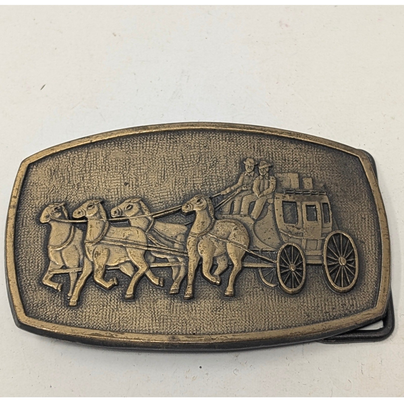 Vintage Western Horse Team Belt Buckle Brass Tone Cowboy Relief 3.25in