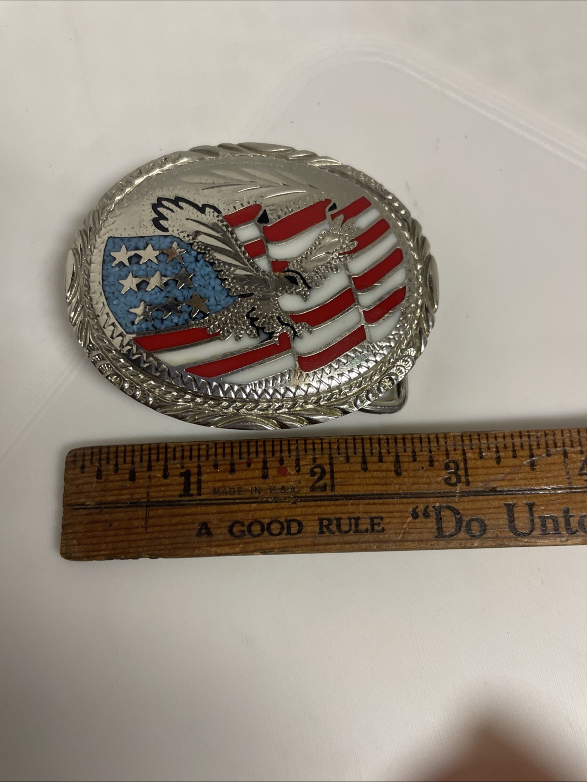 Vintage Silver Eagle & Flag Patriotic Belt Buckle