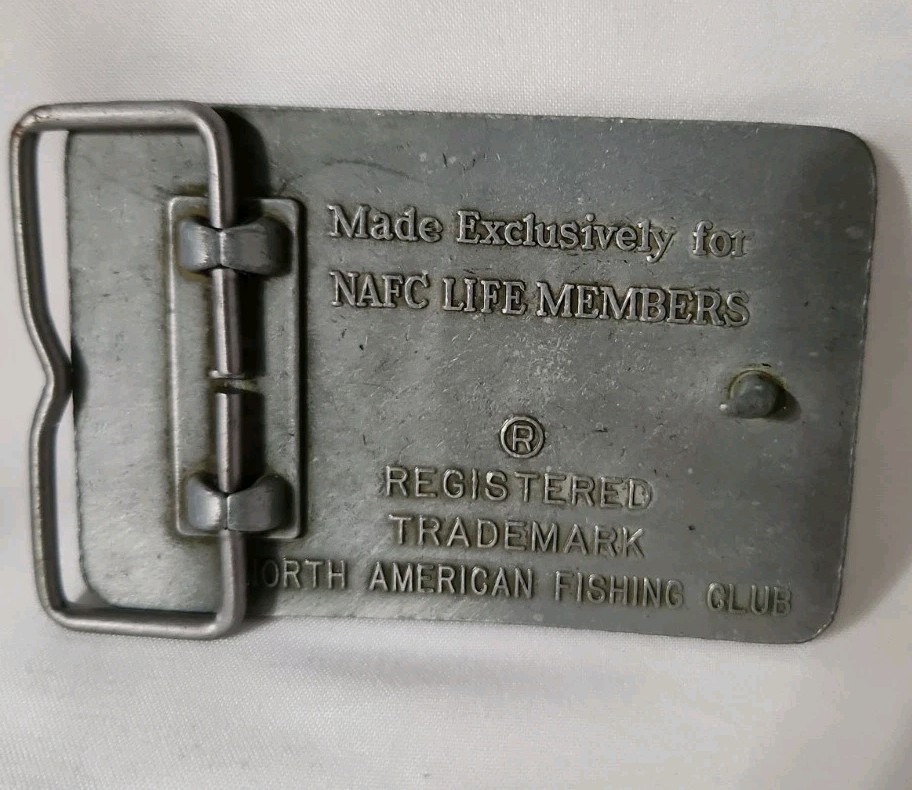 North American Fishing Club Life Member Belt Buckle NAFC Al Shay Pewter Tone 3in