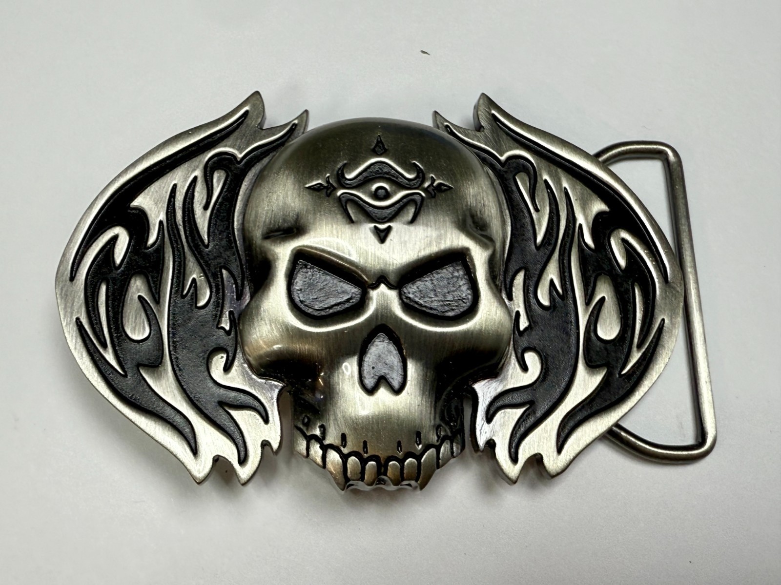 Skull with Flames Cutout Silver & Black Color Silver Moon Creations Belt Buckle