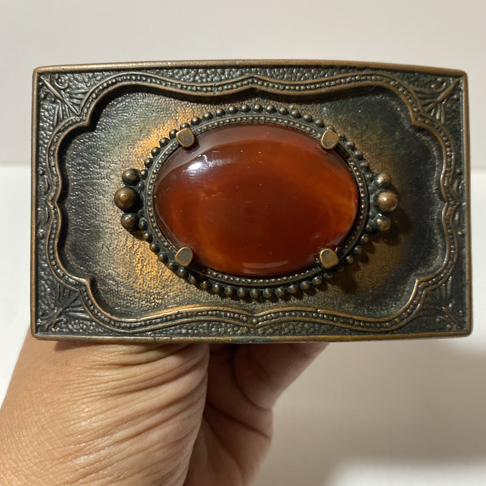 VTG Faux Gemstone Gold Stone Western Cowboy Buckle Copper Tone