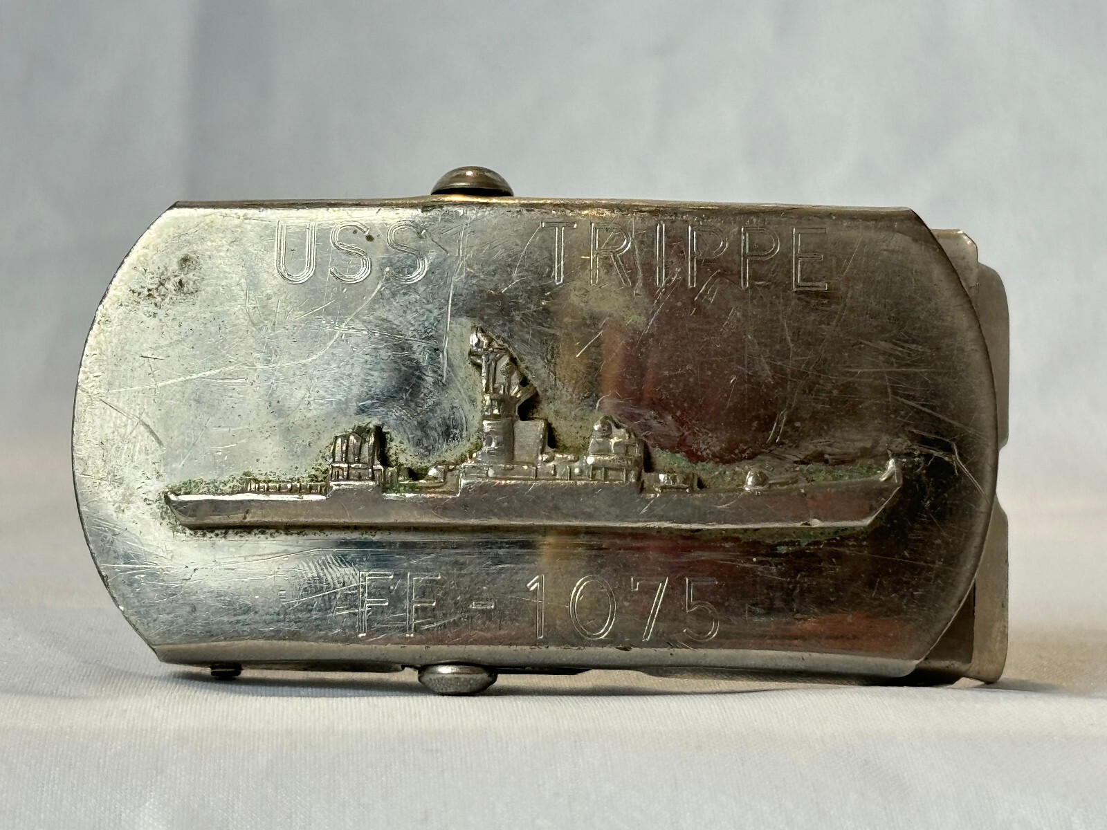 VTG Naval USS Trippe FF-1075 Belt Buckle Military Style Knox Class Frigate Japan