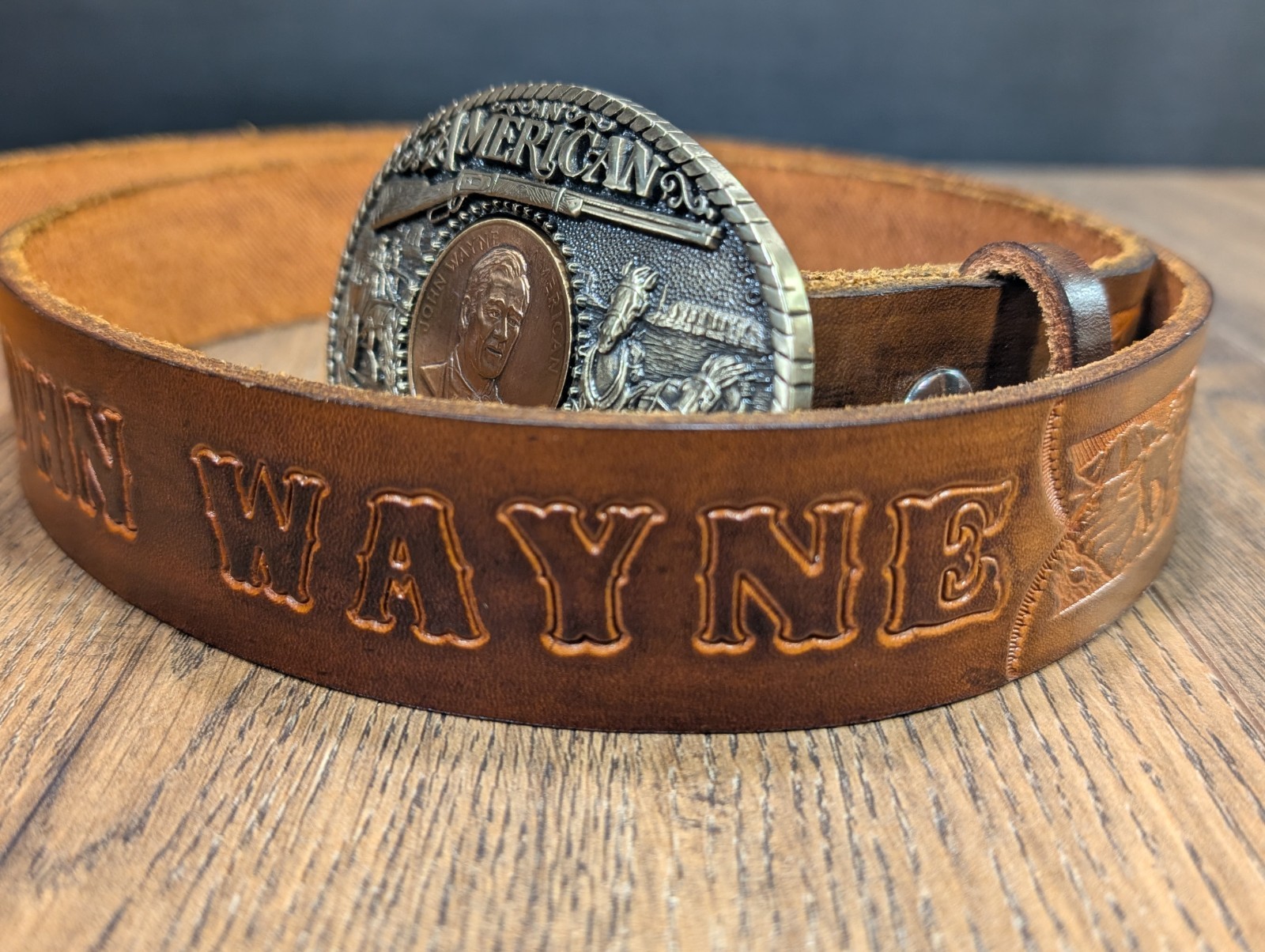 Vintage ~ John Wayne Hand Tooled Leather Belt w/ Solid Brass JW American Buckle