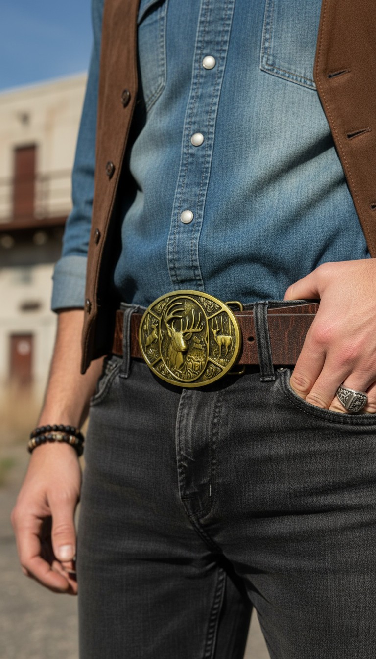 Men Antique Gold Metal Belt Buckle Deer Nature Western Fashion Accessory Casual