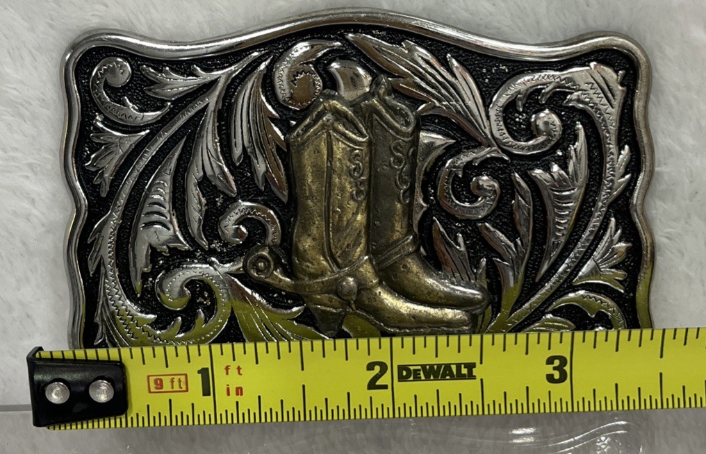 Vintage Western Cowboy Belt Buckle With Raised Gold Tone Boots