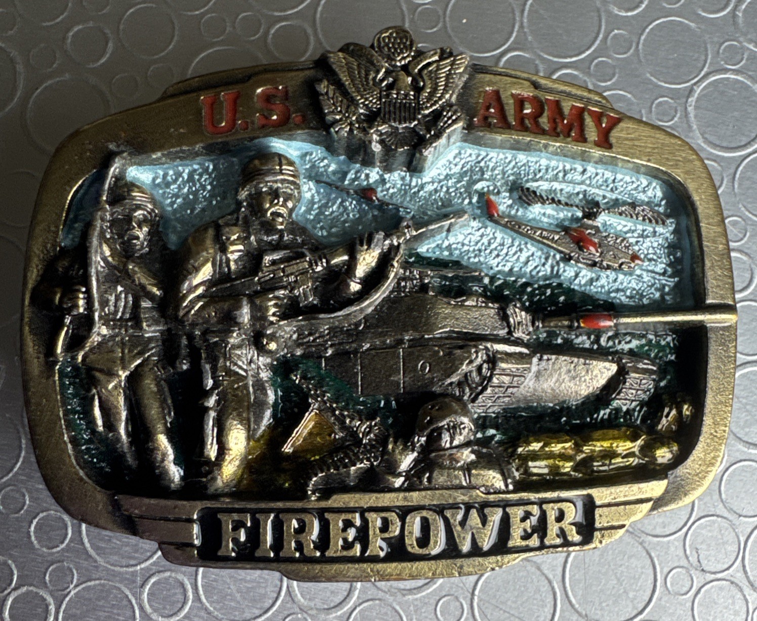 Vintage 1983 US Army Firepower Brass Belt Buckle Great American Co Serial H1071