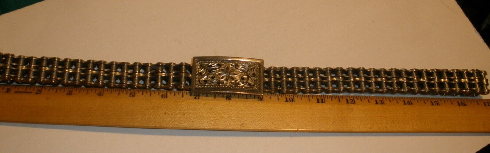 Vintage Motorcycle Chain Belt With Etched Buckle 34&Prime; end to end including buckle