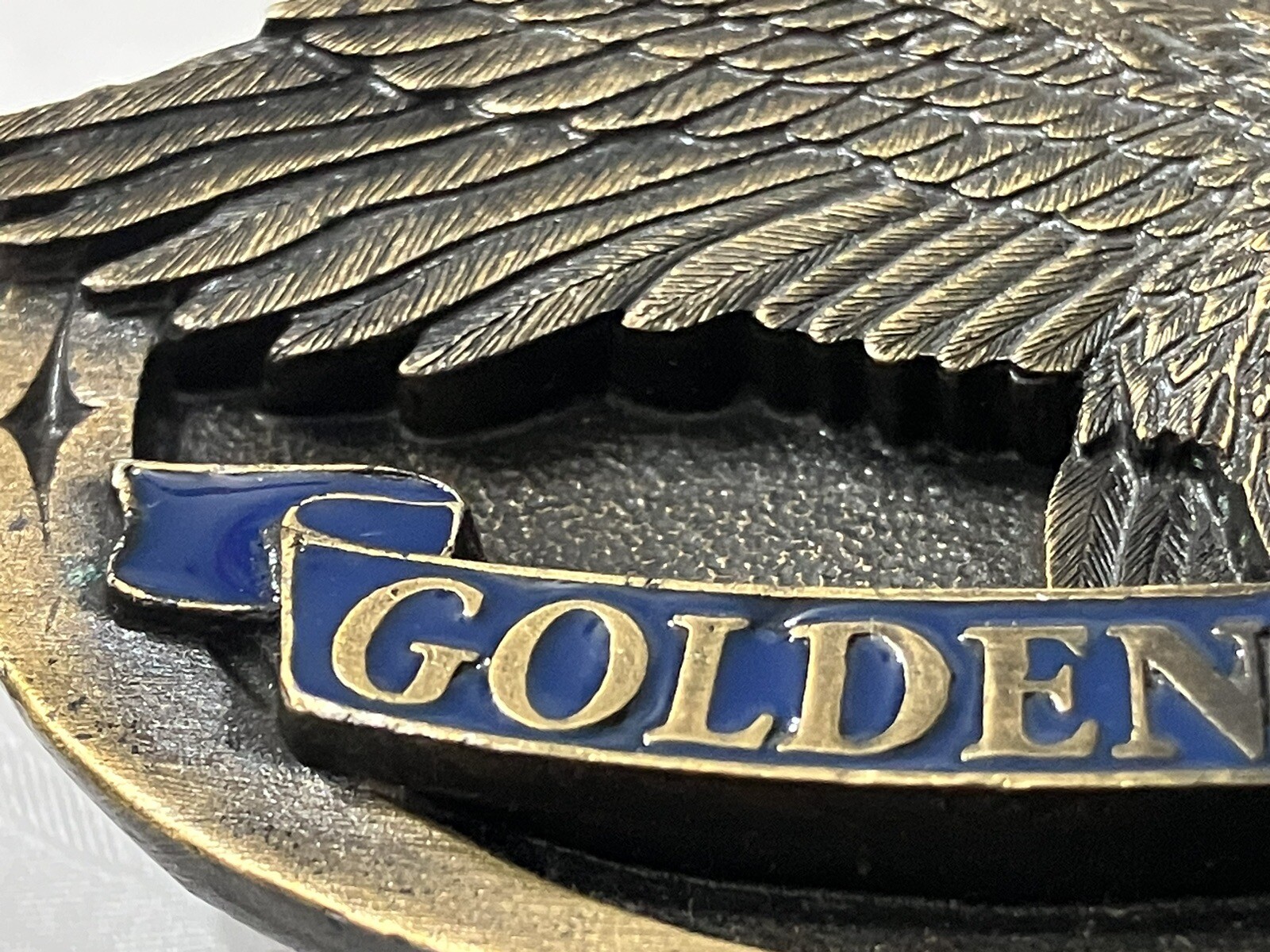 Vintage NRA Belt Buckle Golden Eagles Solid BRASS Blue Made in USA NRA Am Eagle