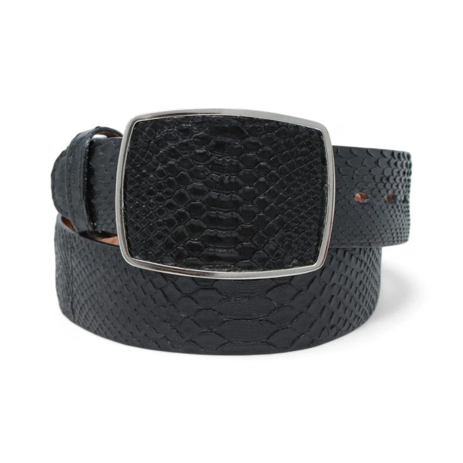 Genuine Leather Python Snakeskin Print Western Belt with Removable Buckle-Black