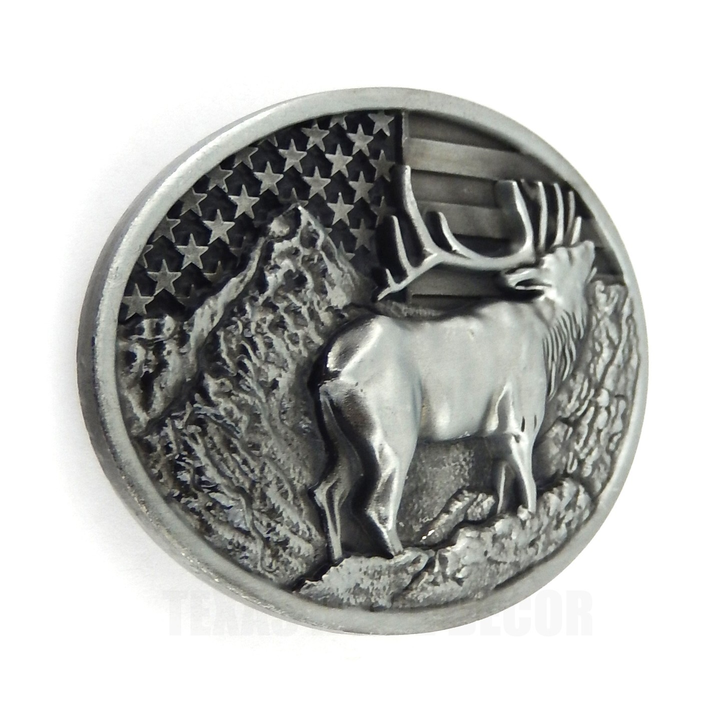 Elk Deer American Flag Belt Buckle USA Hunter Antique Silver Fits 1.5&Prime; Belts