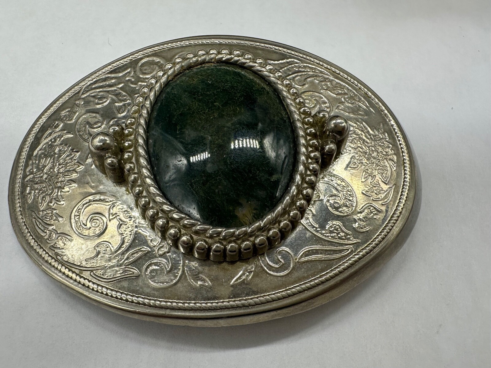 ESTATE SILVER TONE BELT BUCKLE GREEN AGATE SOUTHWESTERN STYLE MEN WOMEN UNISEX