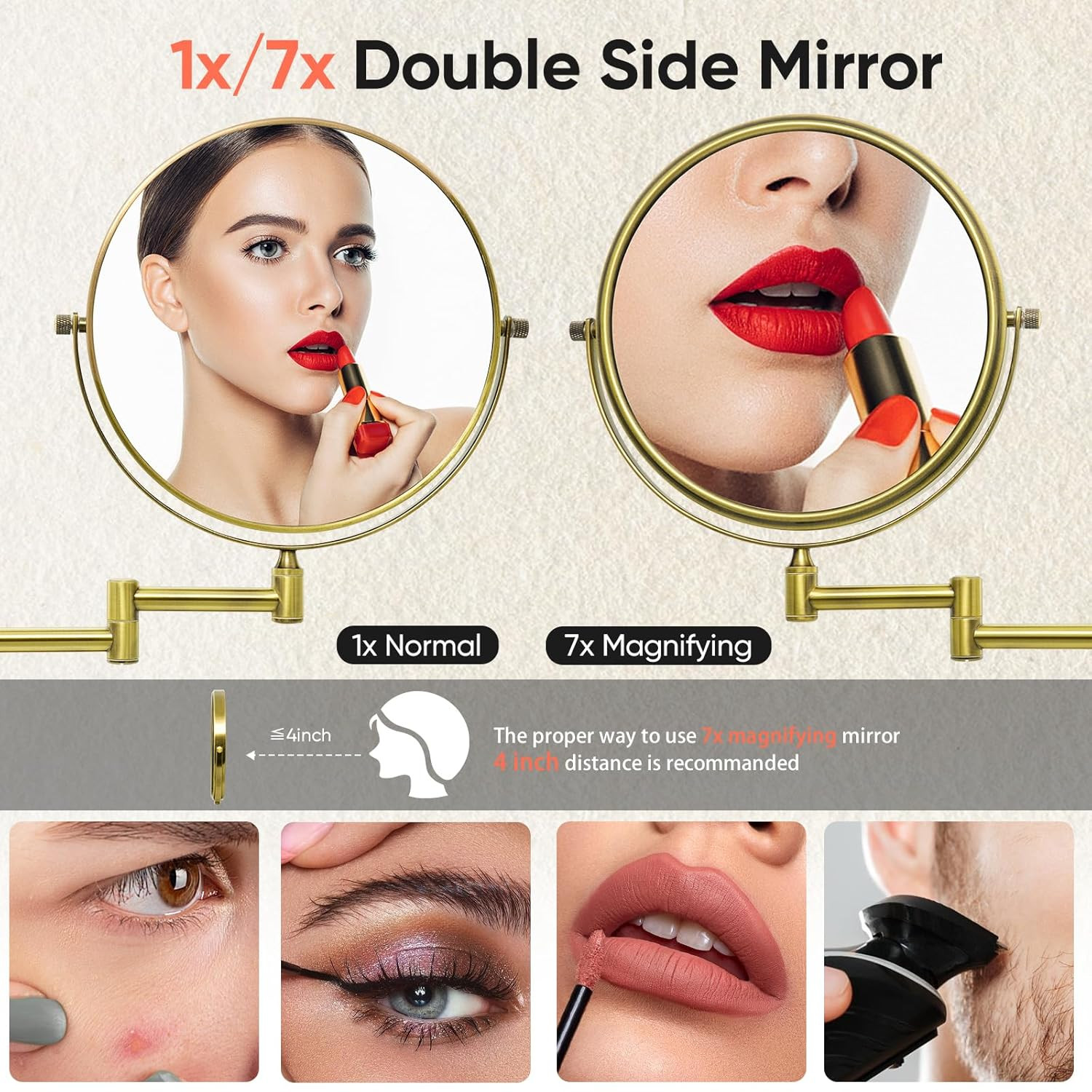 8-Inch Double-Sided Wall Mount Makeup Mirror with 7X Magnification in Brass