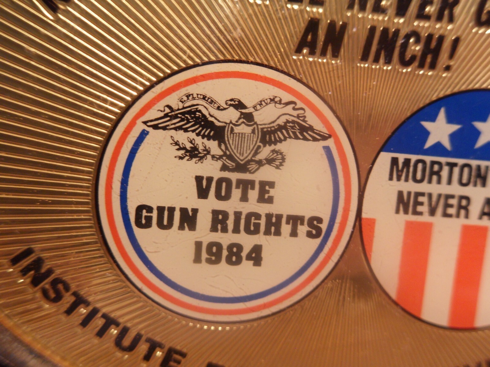 1984 NATIONAL RIFLE ASSOCIATION STARS & STRIPES NRA RED WHITE & BLUE BELT BUCKLE