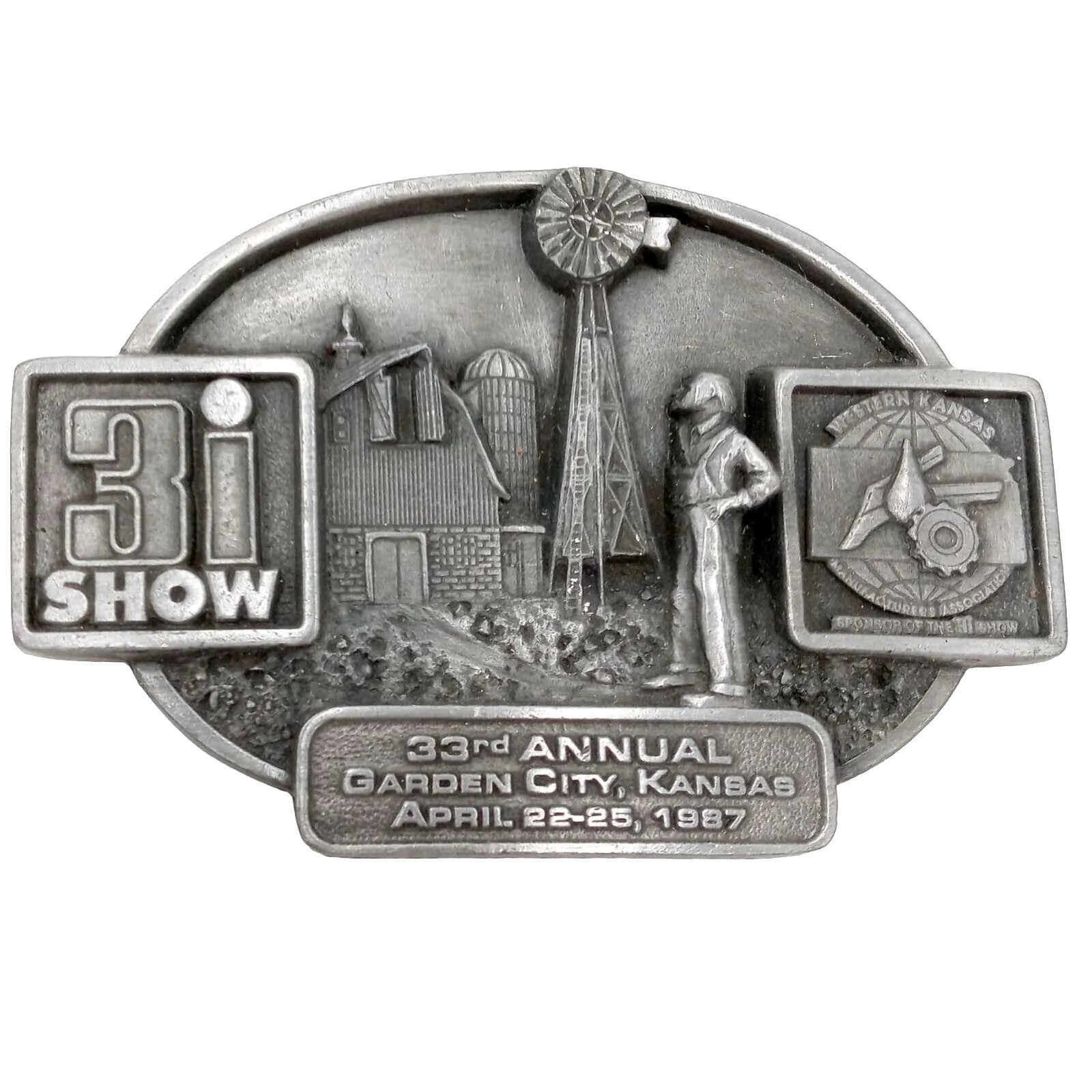 1987 Great Bend KS Belt Buckle Windmill Barn Farming Agriculture 3I Kansas