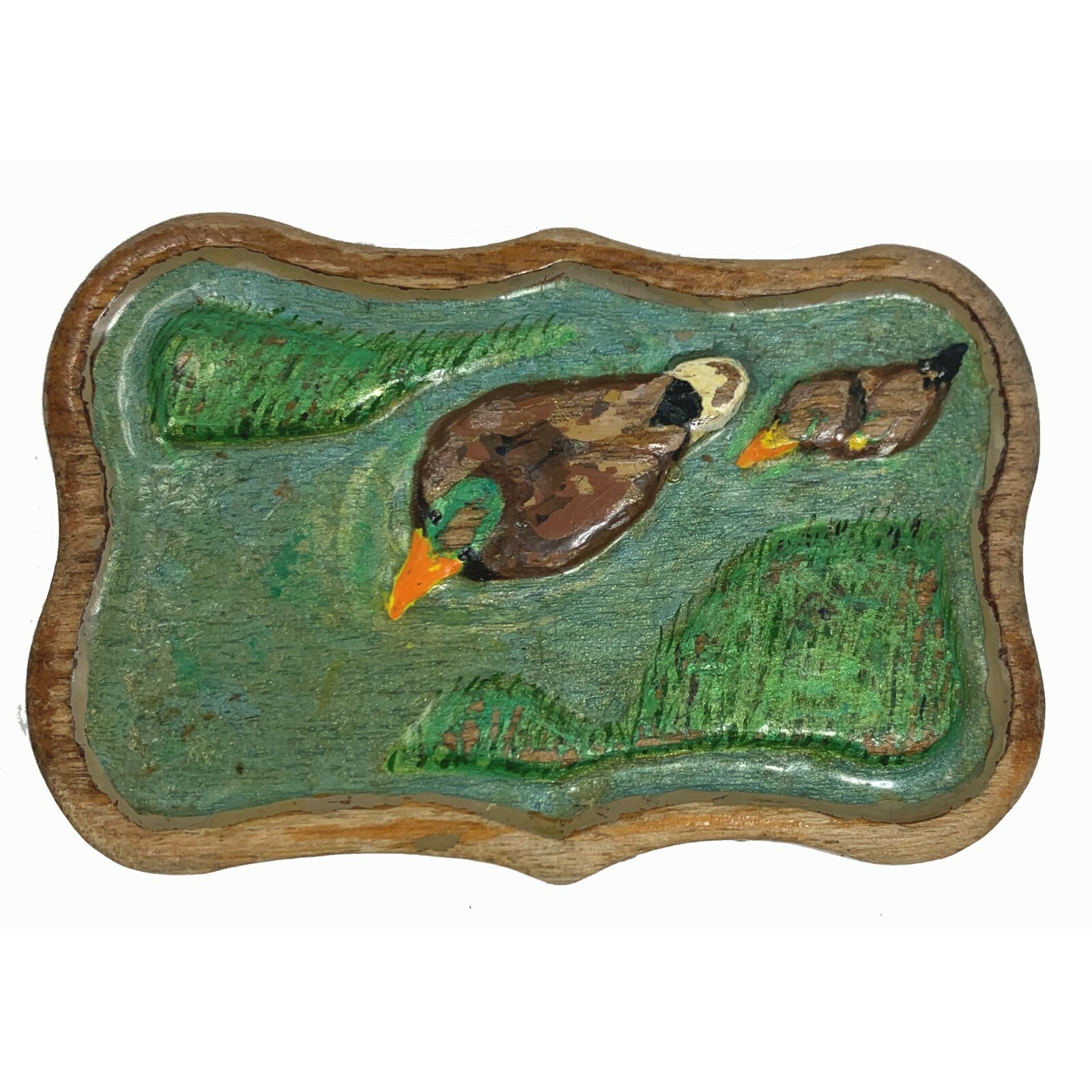 Artist Signed Hand Carved Wood Belt Buckle Mallard Ducks Rustic Cabin Core