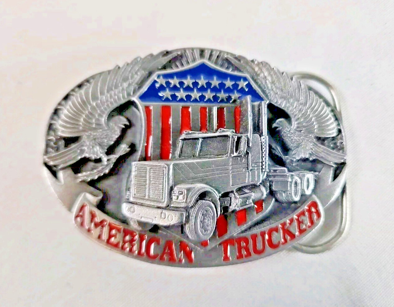 Vintage American Trucker 1998 Pewter Belt Buckle Siskiyou Painted Enamel Semi