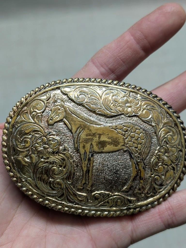 vintage CRUMRINE belt buckle BRONZE engraved HORSE floral WESTERN cowboy