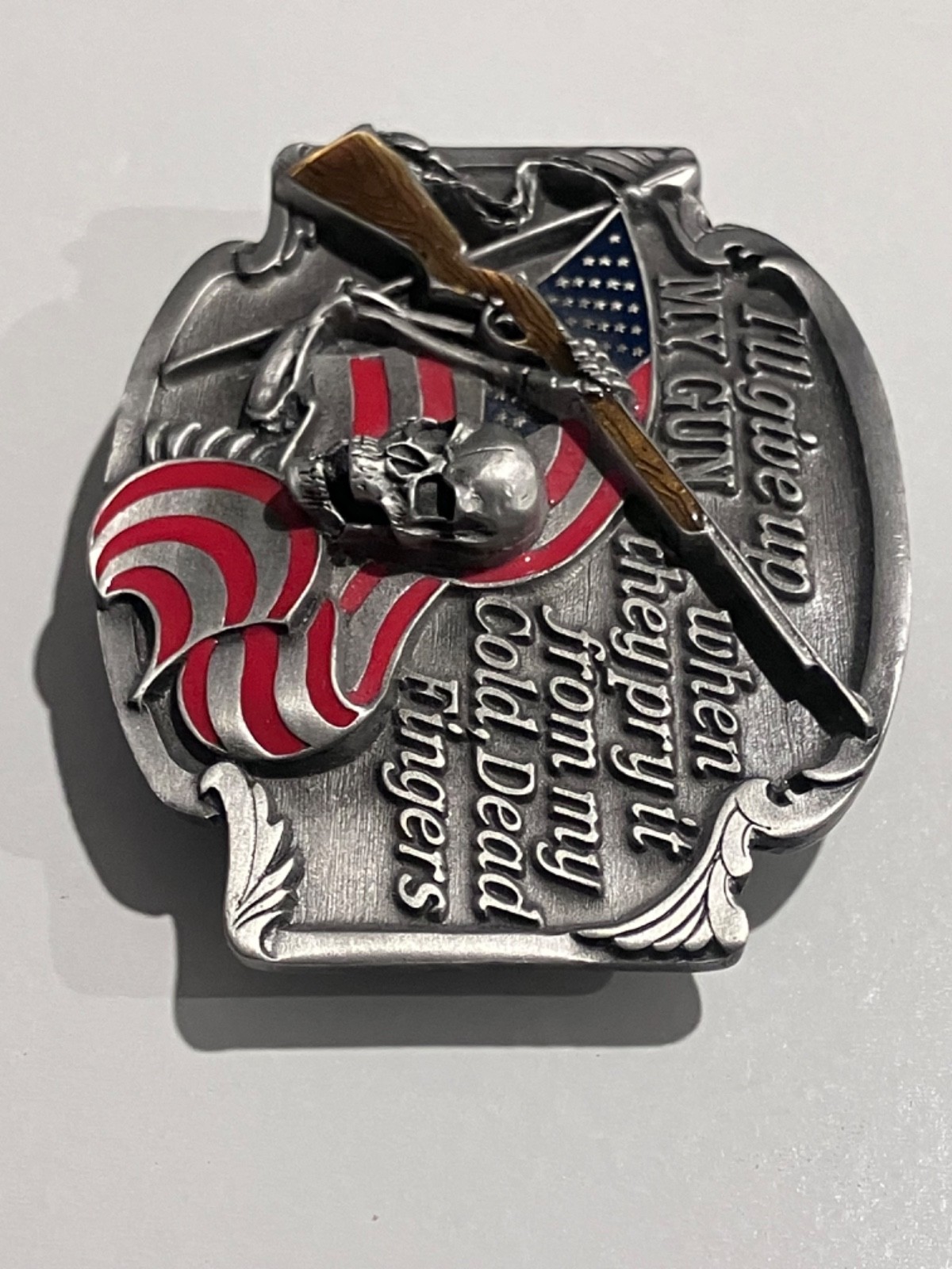 My Gun Pry It From Belt Buckle USA Flag NRA Skull Fight siskiyou Pewter