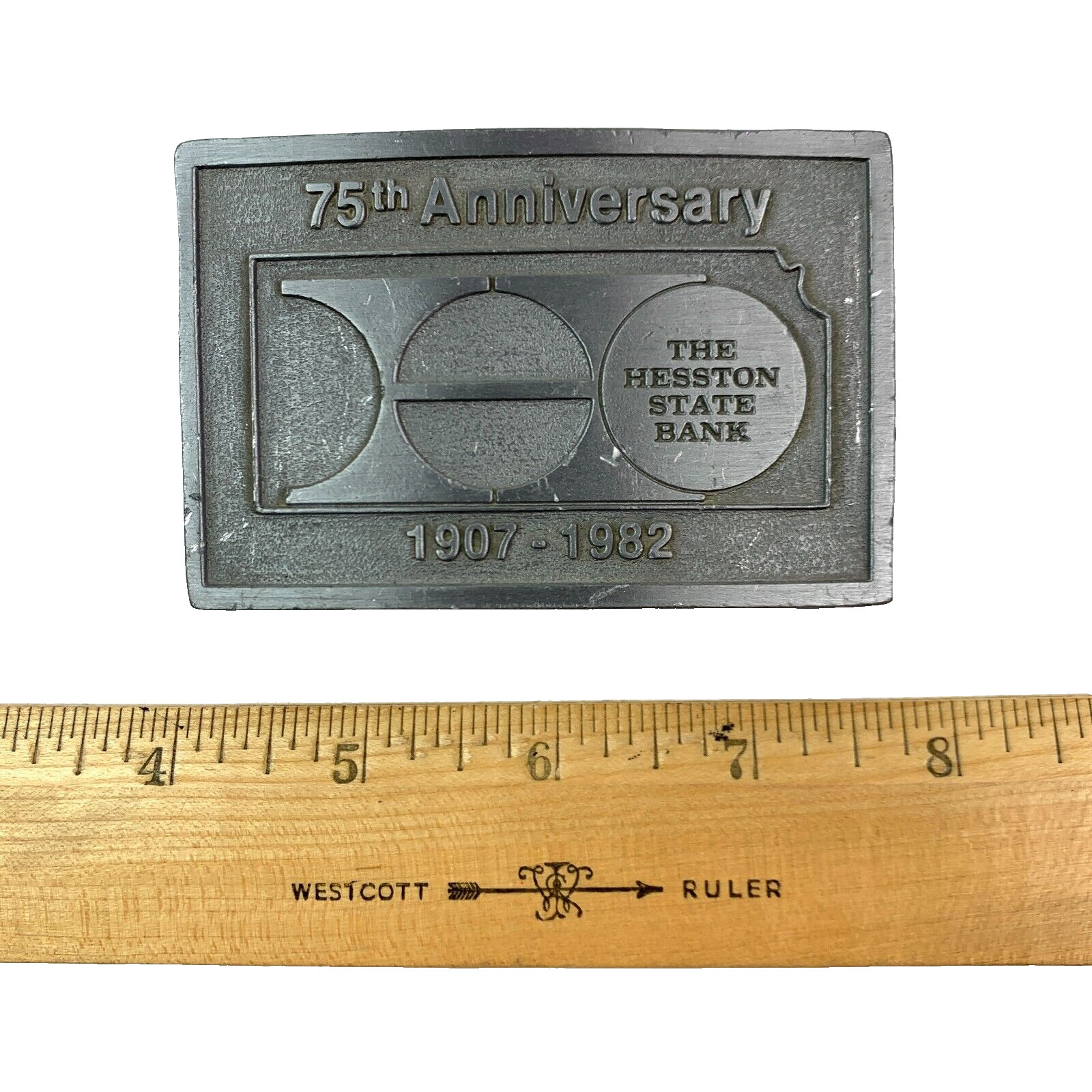 The Hesston State Bank 75th Anniversary Metal Belt Buckle 1907-1982