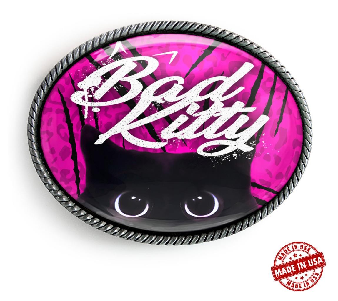 Bad Kitty Cat Hot Pink Leopard Print Handmade Artisan Belt Buckle