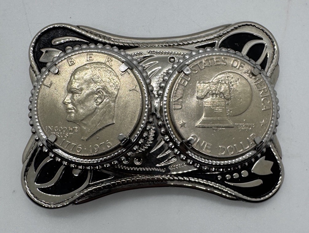 Double Eisenhower SILVER DOLLAR Coins Belt Buckle 1776 – 1976 Centennial 4×2.75”