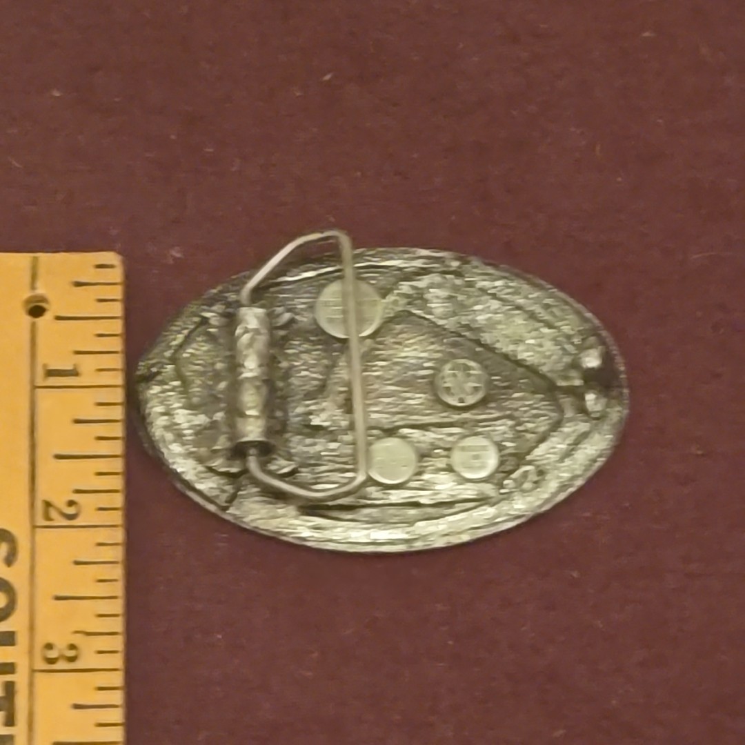 VTG Belt Buckle BARN 1984 Bergamot Brass Works Pewter Farming T 149 Made in USA