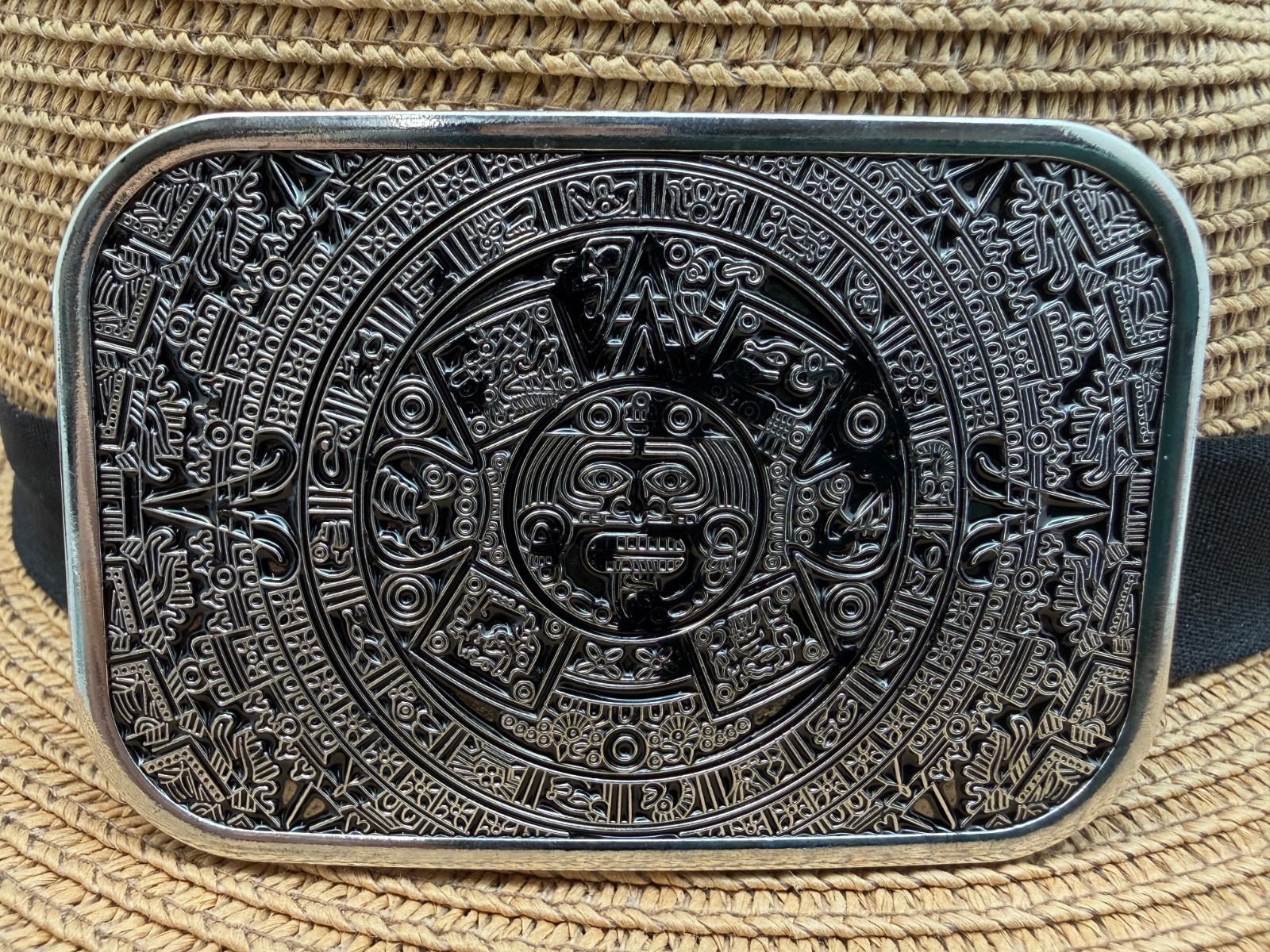 Antiqued Silver Rectangular Masop Aztec Calendar Belt Buckle