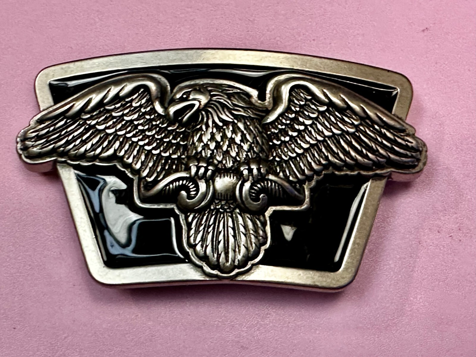 American Flying Bald Eagle Spreading Wings Silver Tone Black Enamel Belt Buckle