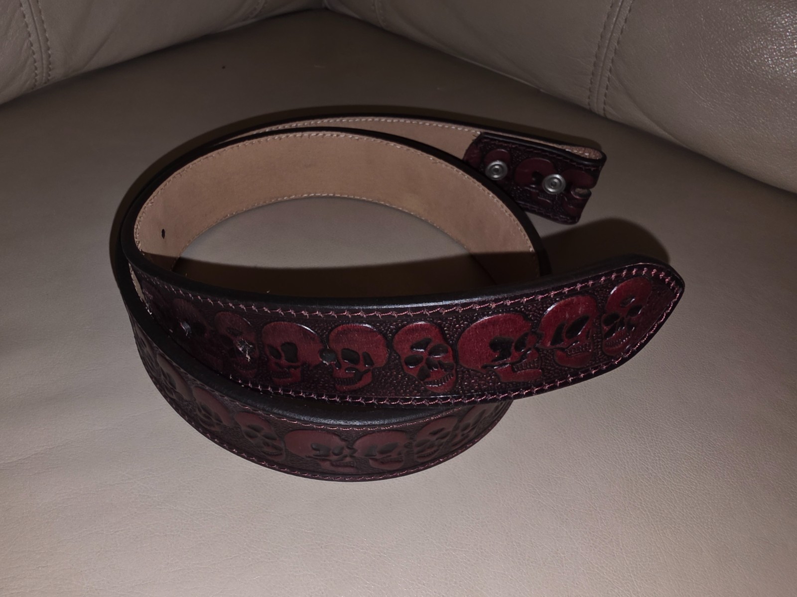 Red Burgundy Leather Hand Tooled Skulls Rockabilly Goth Leather Belt Size 34