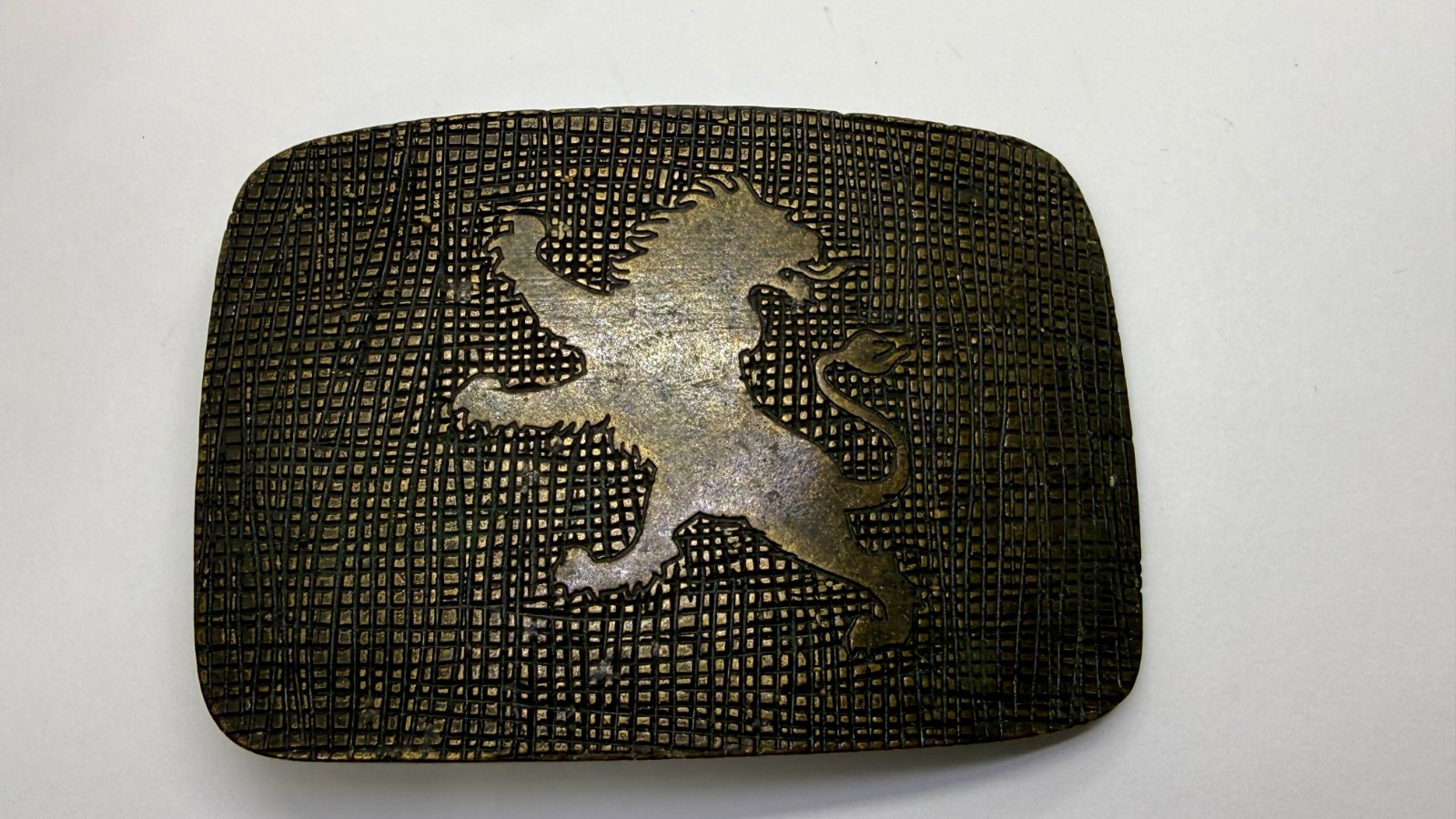 Heraldic Rampant Lion Grid Pattern Brass Tone Belt Buckle, Made in Italy