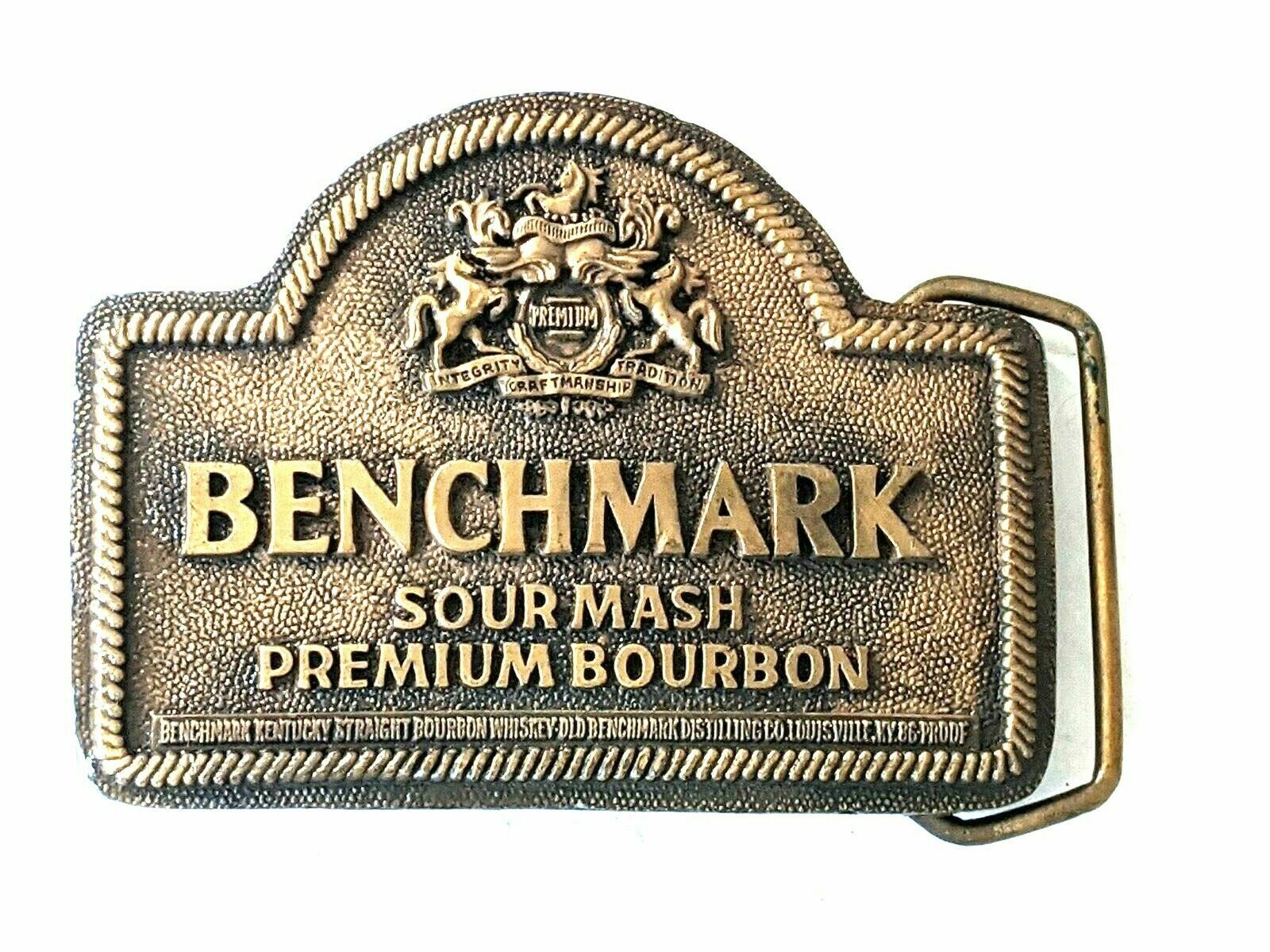 Benchmark Sour Mash Premium Bourbon Vintage 1970 Belt Buckle Indiana Metal Craft