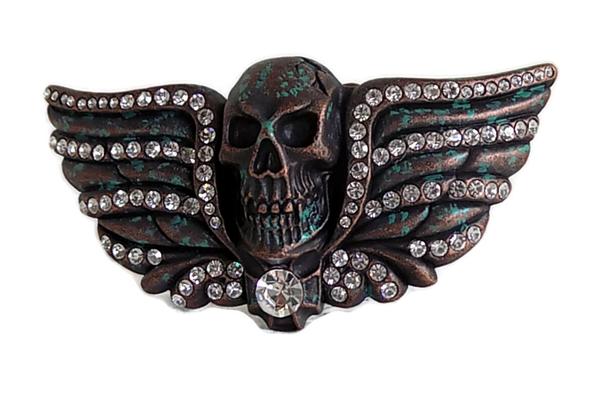WASHED UP HOLLYWOOD #018PM 1½” CRYSTAL SKULL HEAD PATINA MARBLE BELT BUCKLE