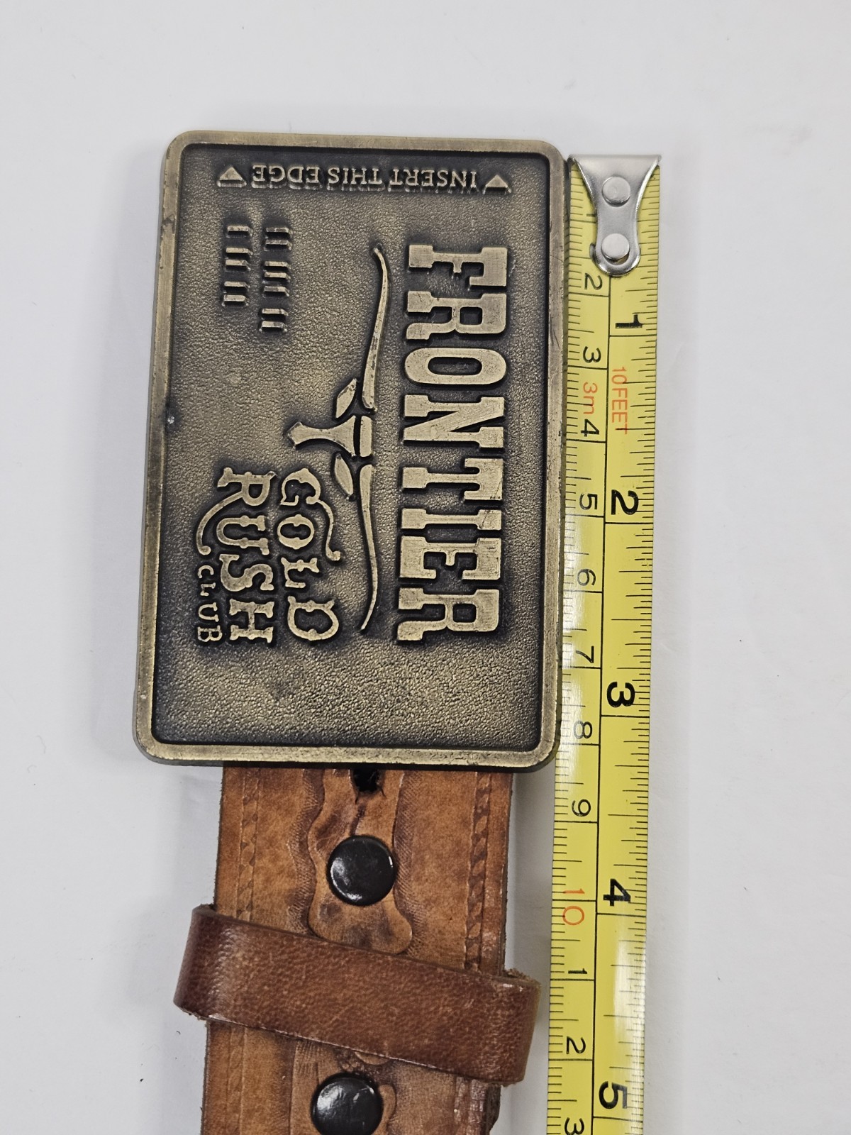 Vintage 80s FRONTIER Gold Rush Club Belt Buckle w/ Embossed Brown Leather Belt