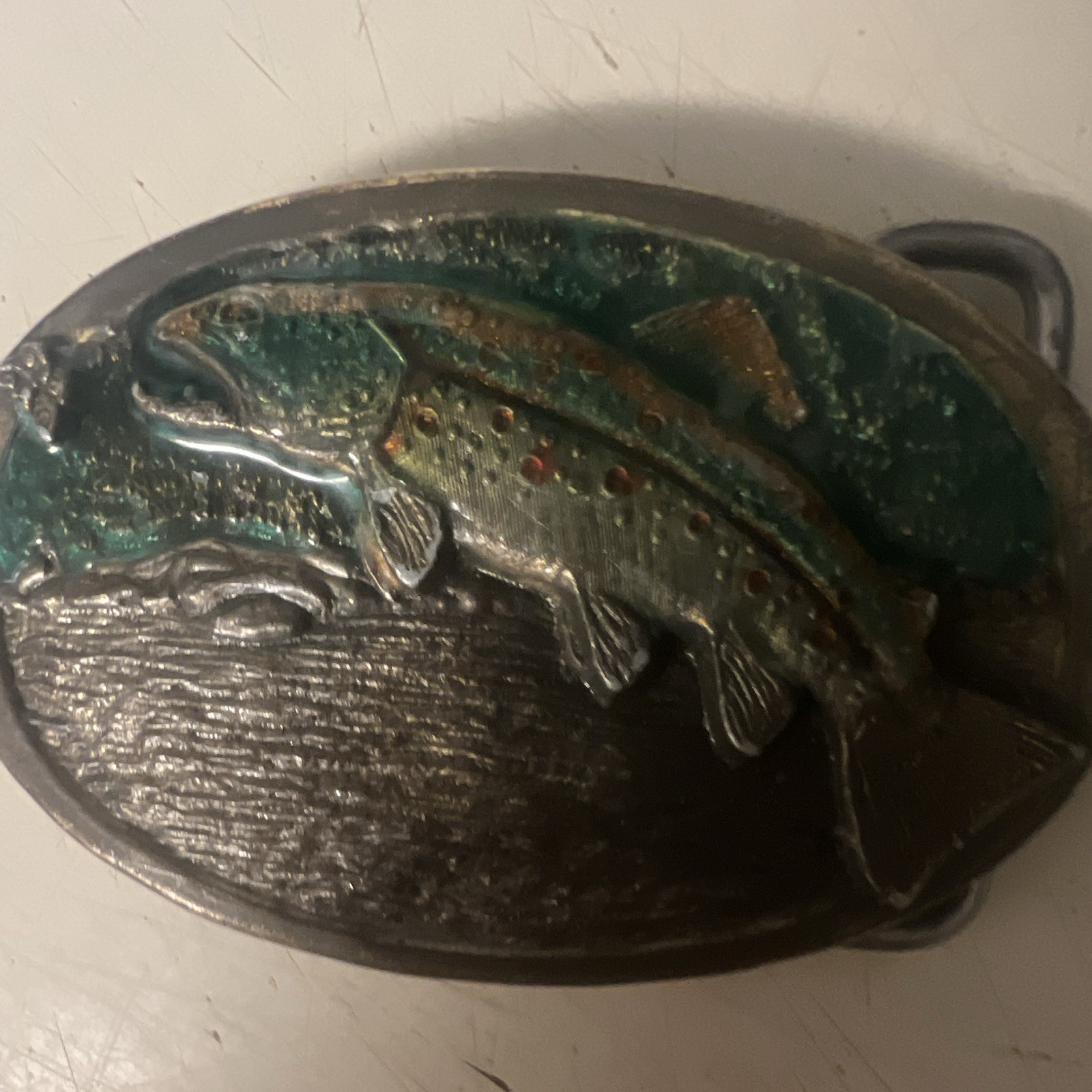 Chad Mfg Corp Brown Trout No7017 Western Metal Belt Buckle Silver/Green 1.5in
