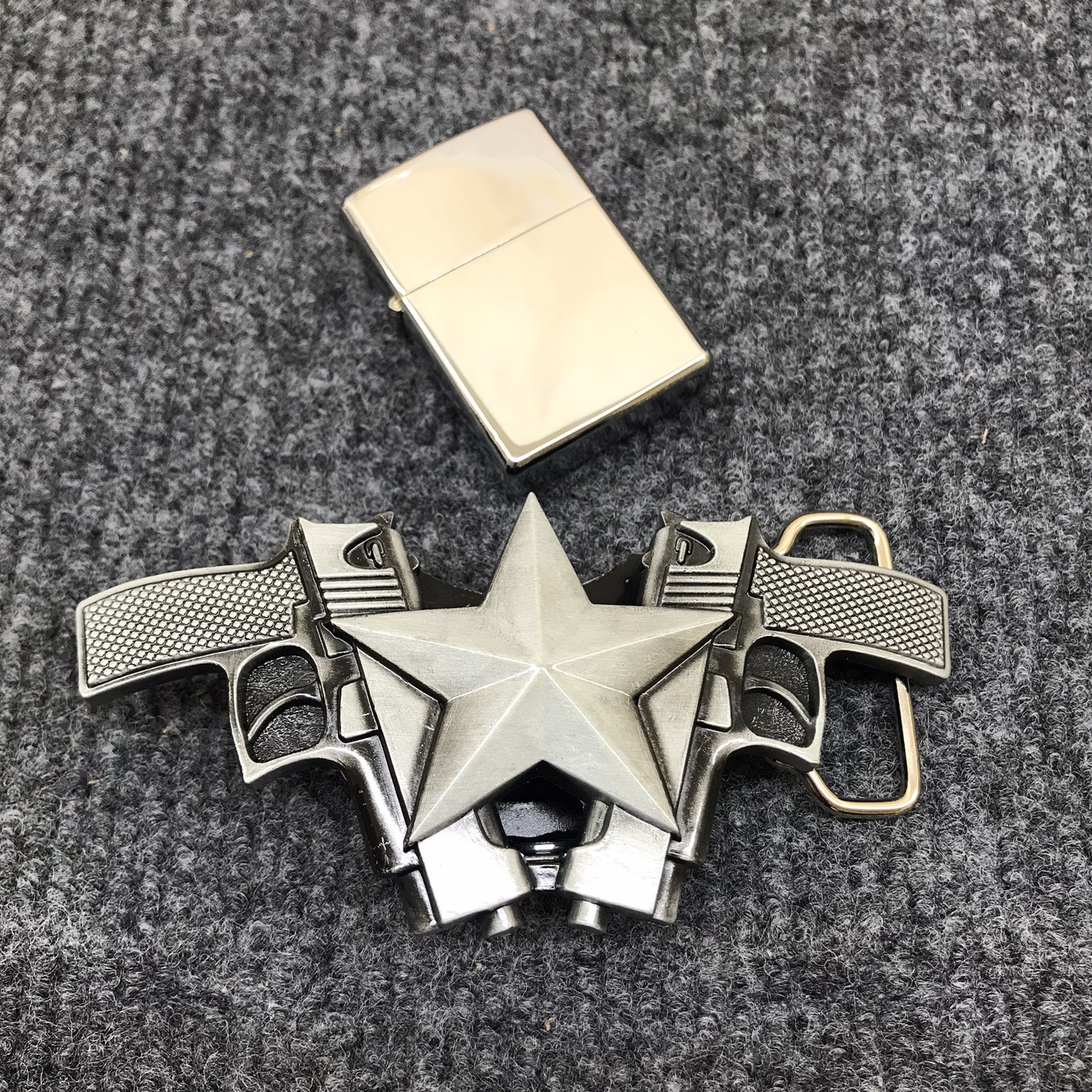 Antique Brushed Silver Star Large Western Belt Buckle with Lighter, Stock in US