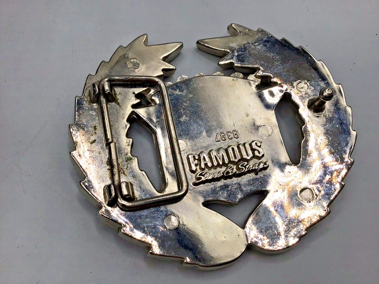2 vtg belt buckles – Cadillac Emblem U.S. Flag #8387 & 1998 Pewter ARIZONA #265
