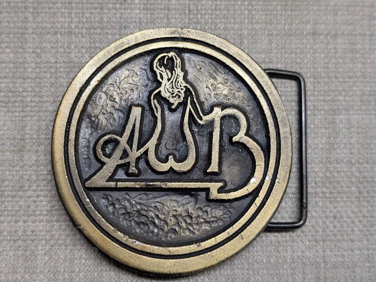 vintage 1970s average white band AWB belt buckle SOLID BRASS cowboy western