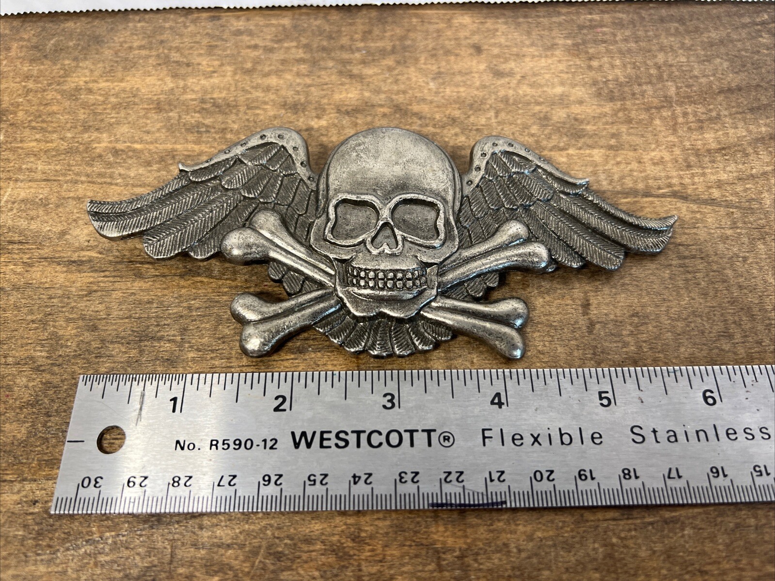 Vintage Winged Skull and Crossbones Belt Buckle Estate Sale Flying Skull Biker