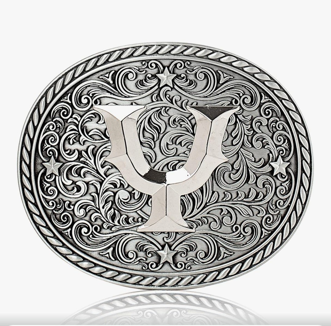 Western Oval Silver Belt Buckle Engraved Stars & Scroll with Letter Y Initial