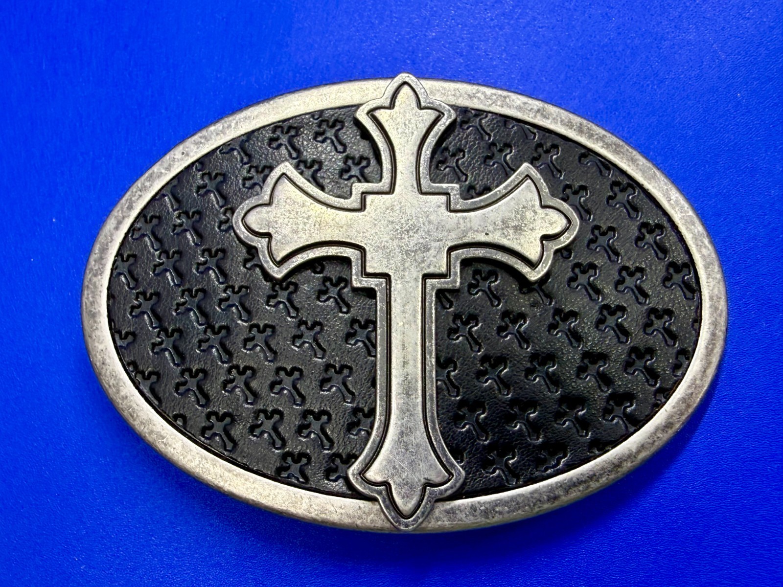 Centered Iron Cross Religious Gothic Punk Vibe Faux Leather on Metal Belt Buckle