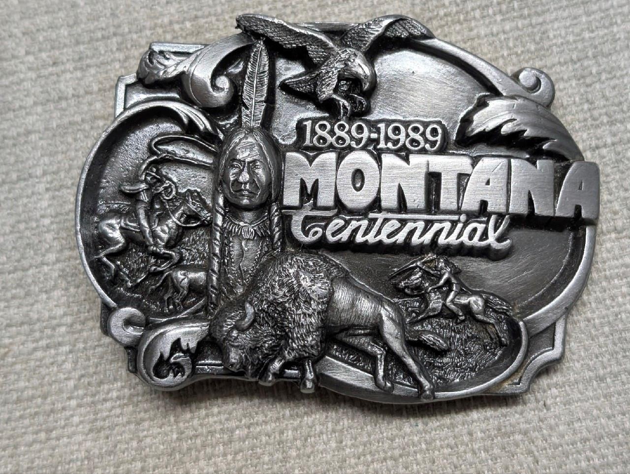 vintage MONTANA belt buckle NATIVE AMERICAN western INDIAN buffalo EAGLE cowboy