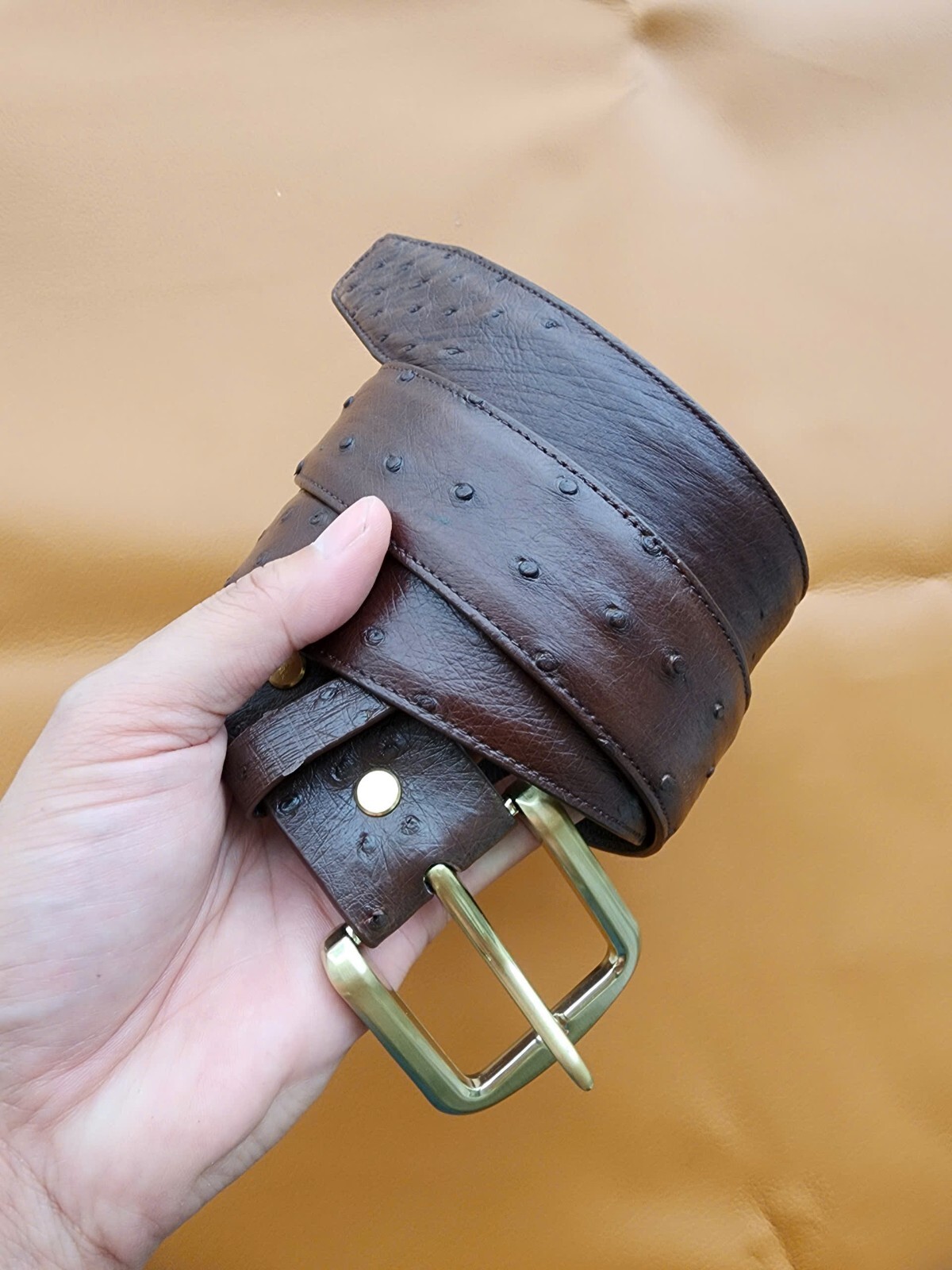 3.8CM Brown 100% Genuine Body Ostrich Leather Skin Men Belt Buckle- Handmade