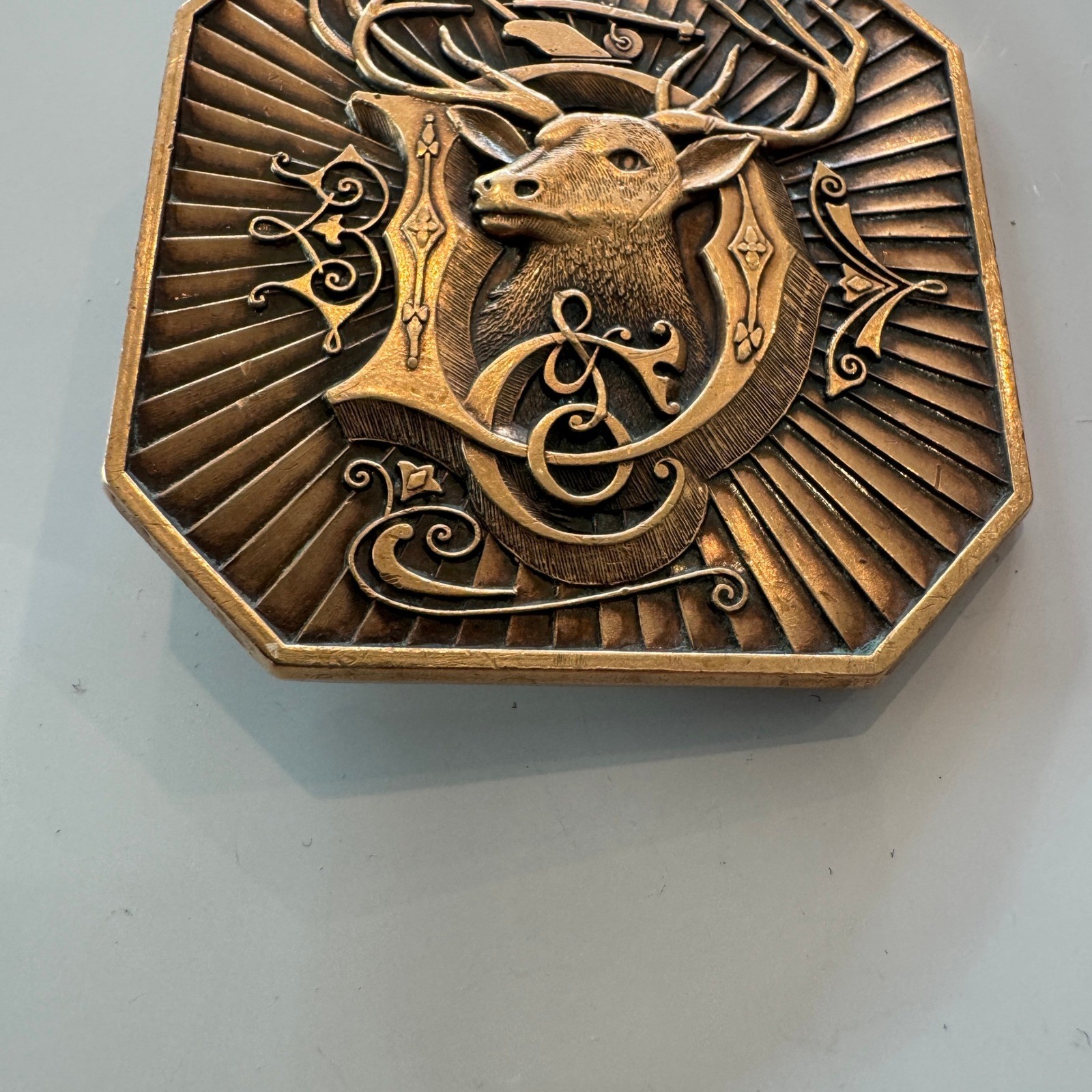 1987 Deere & Company Moline Illinois Octagon Buck Belt Buckle Deere Stag D Logo