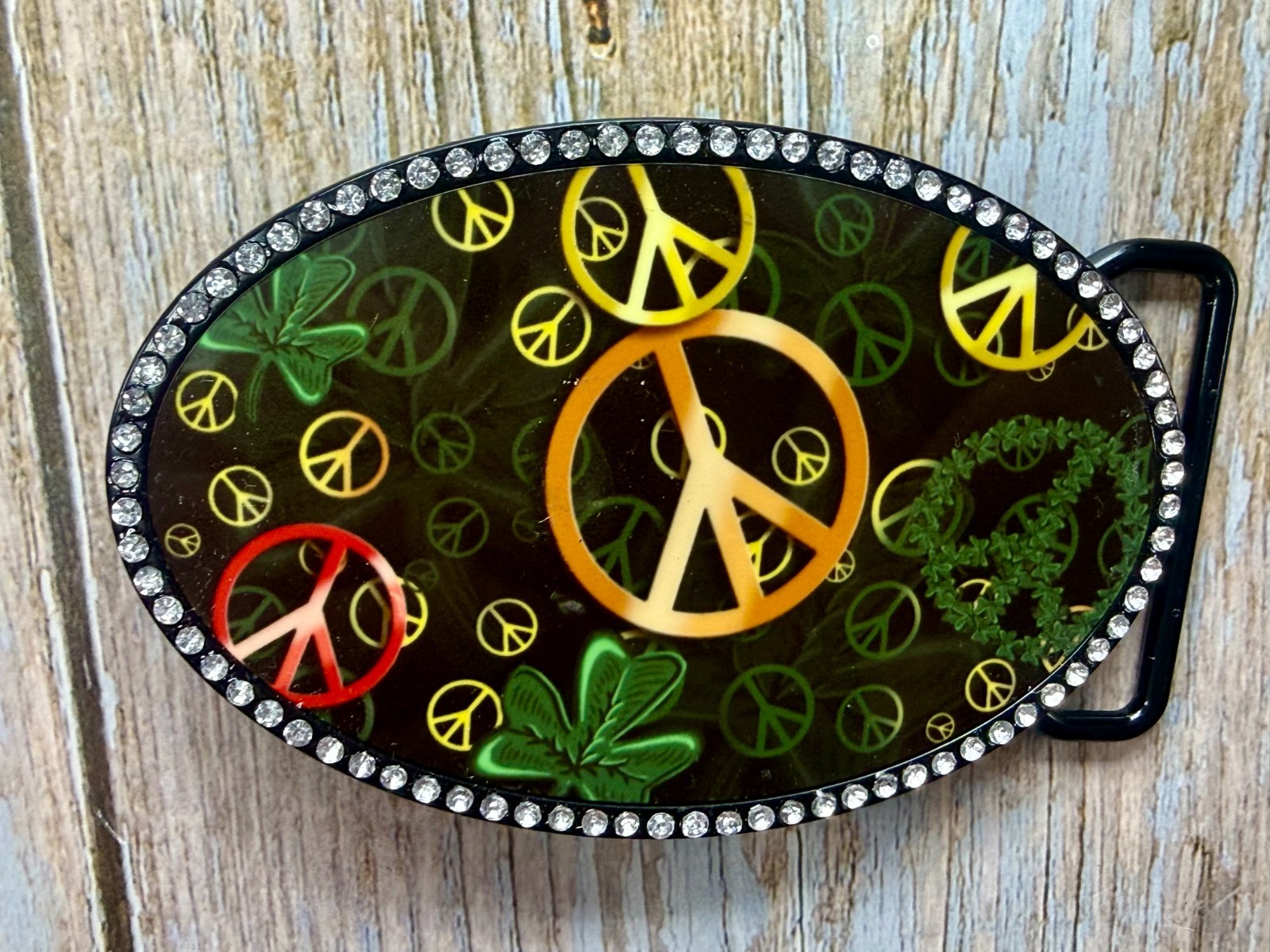Peace Sign Symbol Four Leaf Clover with Clear Rhinestone Border Belt Buckle