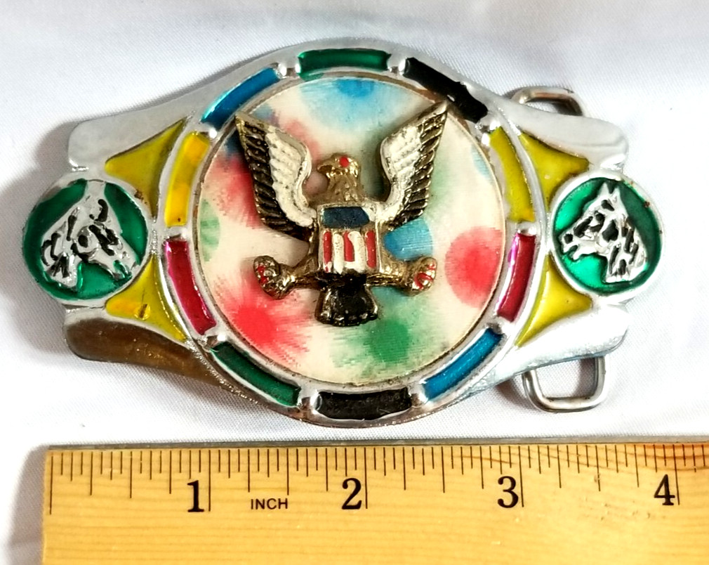 VTG 1970s Imperial Hebillas Belt Buckle w Western American Eagle Flag 2&Prime; Belt