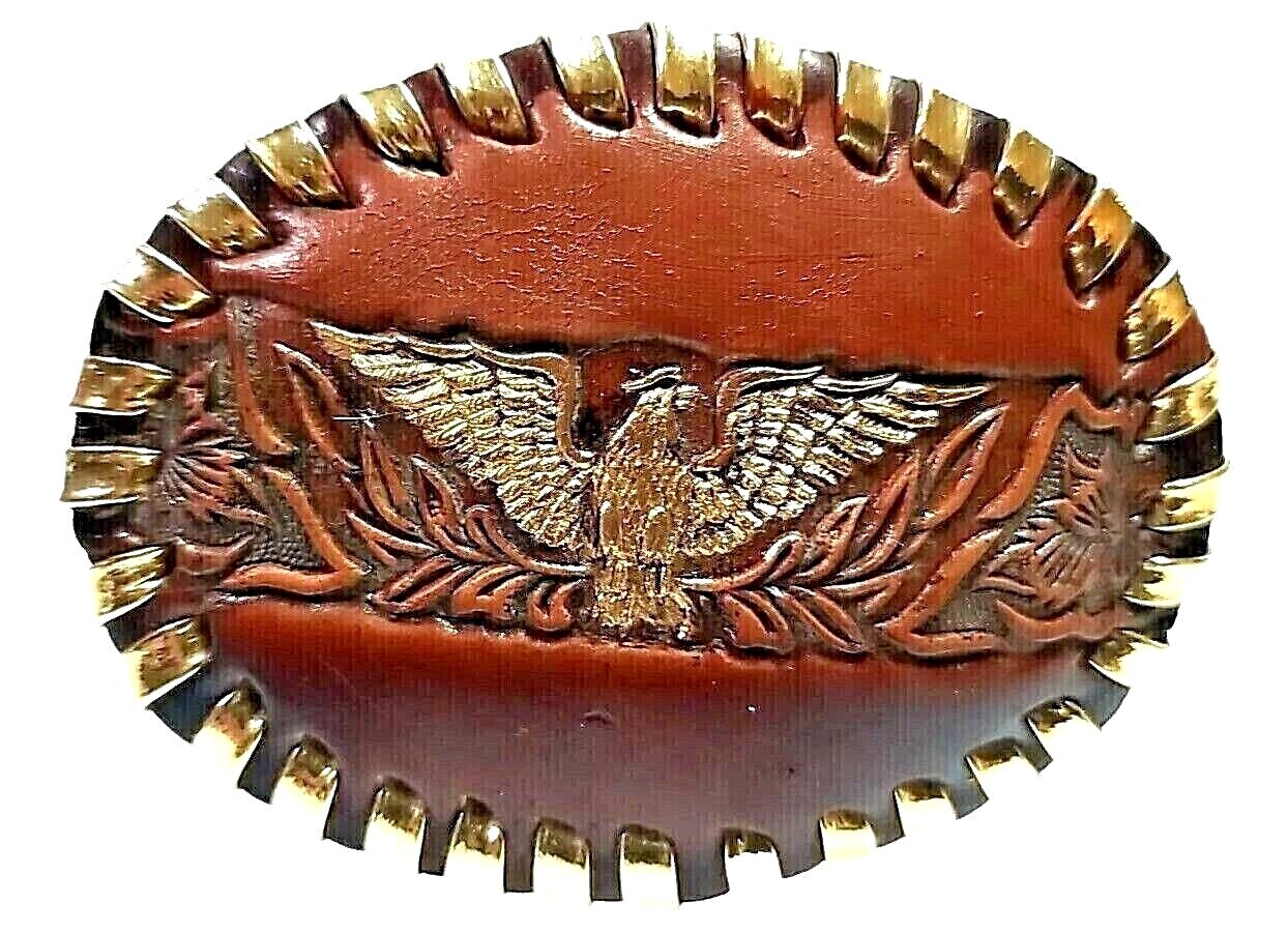 EAGLE Belt BUCKLE w/ SILVER Edge LACING Handmade Sm. BROWN LEATHER Western/Biker