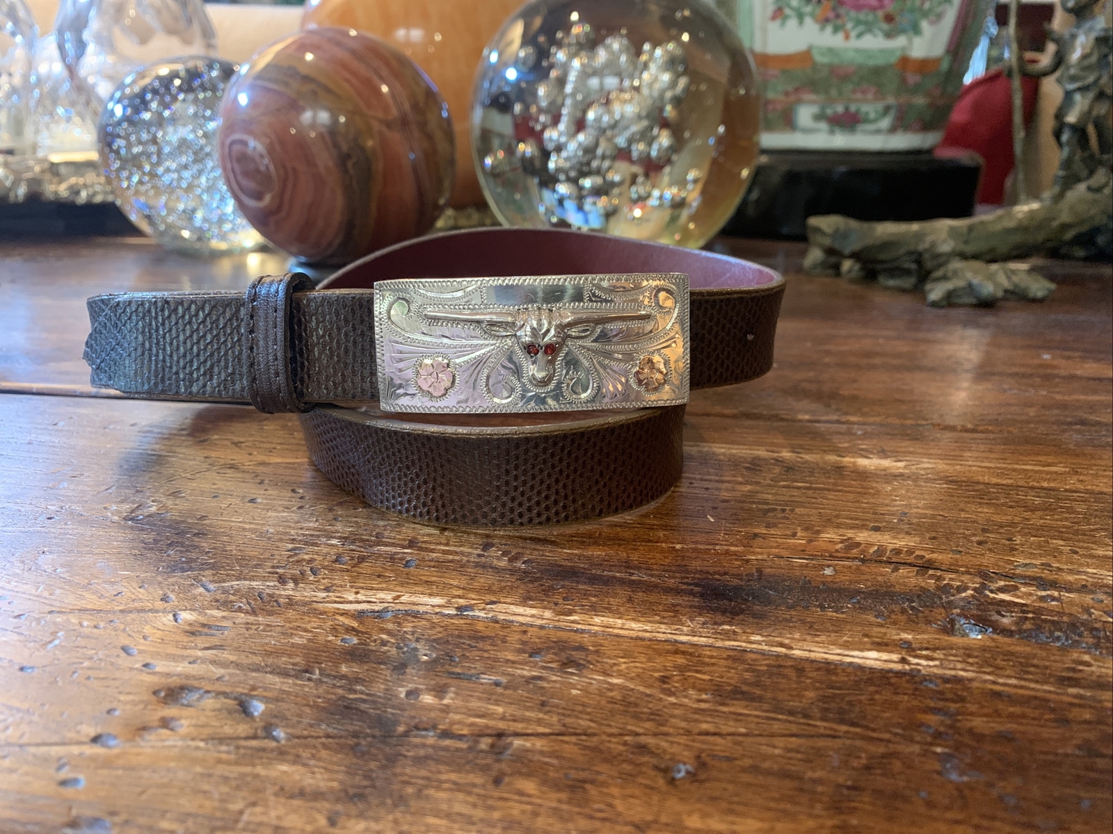 Mex,James Reid style 14K Sterling Silver Belt Buckle Longhorn 31-33-1”🐍✅